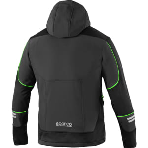 A black soft-shell jacket featuring a hood, with contrasting green detailing and a logo on the back.