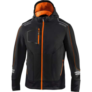 A black soft-shell jacket with orange accents and a hood, featuring a zipped front and reflective stripes.