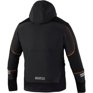A black soft-shell jacket with a hood, featuring grey and orange accents and a logo on the back.