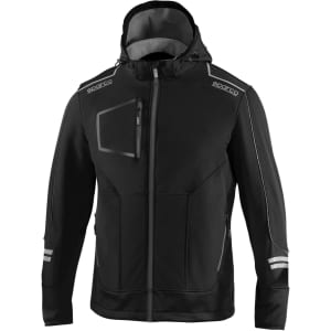 A black soft-shell jacket featuring a hood, zippered pockets, and reflective detailing, with a logo present.
