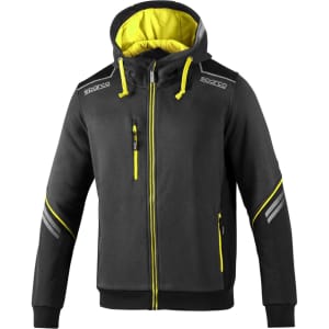 A full zip hooded jacket in black with yellow accents and reflective details, featuring a logo on the chest.