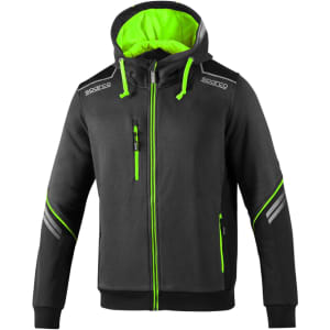 A full zip hooded jacket in black with vibrant green accents and a logo, featuring a lined hood and zip pockets.