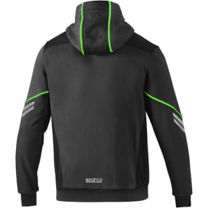 A black hooded jacket with green accents and a logo on the back, featuring a full zip and long sleeves.