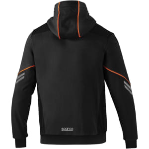 A black hooded jacket featuring orange accents and a logo on the lower back.