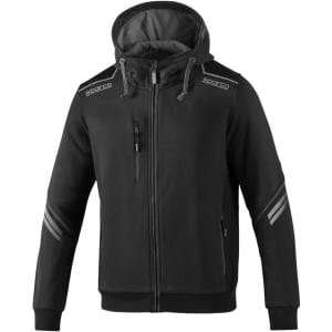 A black full zip hooded jacket featuring a logo and reflective stripes on the shoulders.