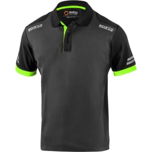 A black polo shirt with green accents on the collar and sleeves, featuring a logo on the front.
