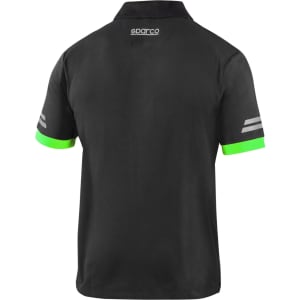 A black polo shirt featuring green accents on the sleeves and a logo on the back.