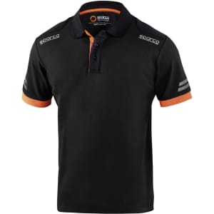 A black polo shirt with orange accents and a logo, featuring short sleeves and a collar.