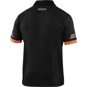 A black polo shirt with orange accents on the sleeves and a logo on the back.