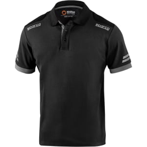 A black polo shirt with grey accents and a logo on the front. It features a classic collar and short sleeves.