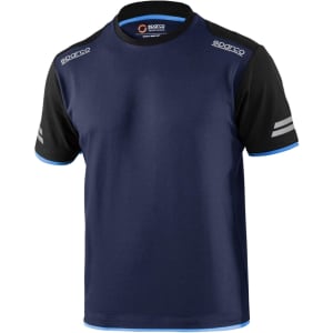 A navy blue t-shirt with black sleeves and blue detailing, featuring a logo on the front.