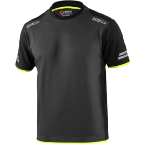 A black T-shirt with reflective stripes and a logo on the shoulders, featuring a bright yellow trim.