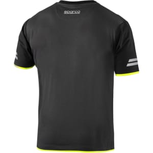 A black t-shirt with yellow accents, featuring a logo and two striped details on the sleeves.