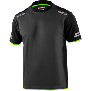 A black t-shirt with green accents and a logo, featuring stripes on the shoulders.