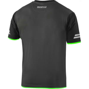 A dark grey t-shirt featuring green accents and a logo on the back, with grey stripes on the sleeves.