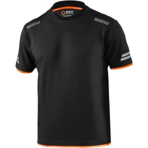 A black t-shirt featuring orange accents and stripes, with a logo on the front and shoulder area.