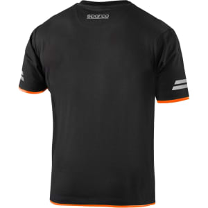 A black t-shirt with orange accents and a subtle logo at the back. Features two grey stripes on the sleeves.