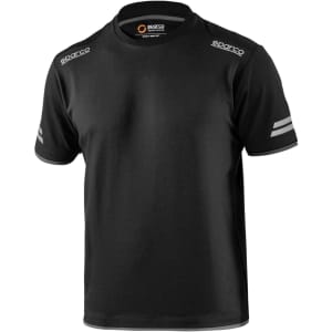 A black T-shirt featuring short sleeves and stripe details. It has a logo on the collar area.