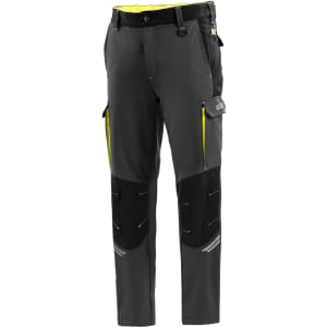 Oregon Tech Trousers in grey with black panels and yellow accents. Features pockets and a logo.