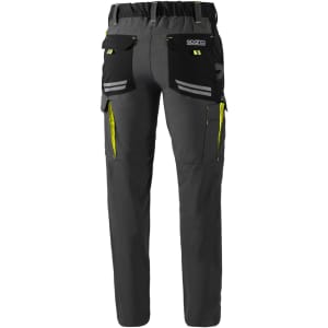 Grey trousers featuring multiple pockets, reflective stripes, and yellow accents. The product has branding on it.