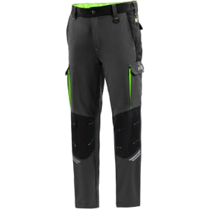 Tech trousers in grey with black features and bright green accents, featuring cargo pockets and a belt.