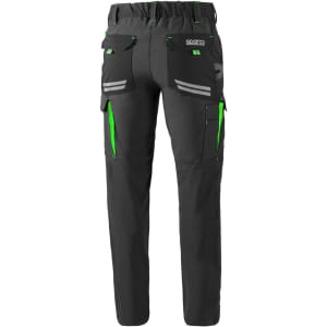 Oregon Tech Trousers in black with green accents and reflective details, featuring multiple pockets and elastic waistband.