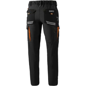 Black trousers with orange accents, featuring multiple pockets and a logo on the waistband.