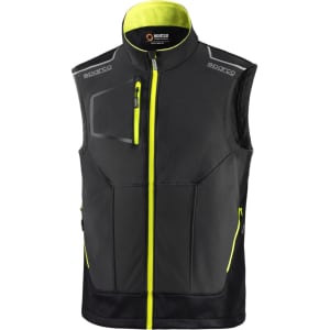 A grey and black light vest featuring bright yellow accents and a front zip, with a logo on the chest.