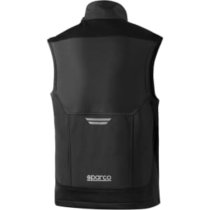 A black light vest with a high collar and a simple design, featuring a logo on the lower back.