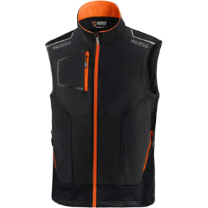 A black light vest with orange accents and a zippered front. It features a logo and multiple pockets.