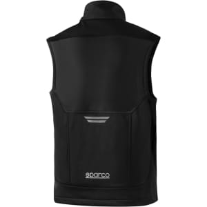 A black light vest with a logo, featuring a sleeveless design and a rear pocket.