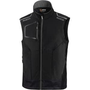 A black light vest featuring a zip front, stand-up collar, and a logo on the chest.