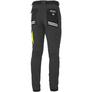 Light trousers in dark grey, featuring pockets, reflective stripes, and a branding logo on the back.
