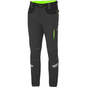 Light trousers in black with fluorescent green accents and a logo, featuring multiple pockets and a belt.