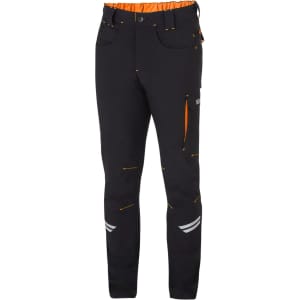 Lightweight black trousers with orange accents, featuring multiple pockets and reflective details. Includes a branding logo.