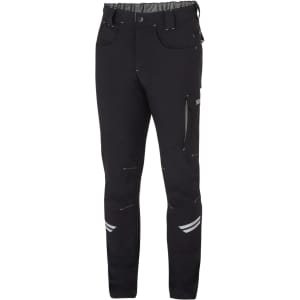 Lightweight black trousers with multiple pockets and reflective detailing, featuring an adjustable waistband and a logo.