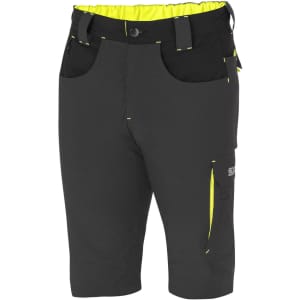 Black shorts with yellow accents and pockets, featuring a branded logo on the side.