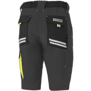 Lightweight grey shorts with reflective stripes and multiple pockets, featuring a logo on the back.