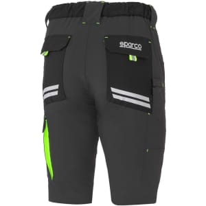Practical black shorts with reflective detailing and multiple pockets, featuring a comfortable elastic waistband.