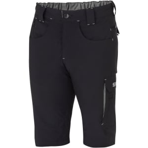 Black shorts with multiple pockets and a waistband, featuring contrasting stitching and a logo.