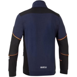 A navy and black full zip tech jacket featuring orange accents and a logo on the back.