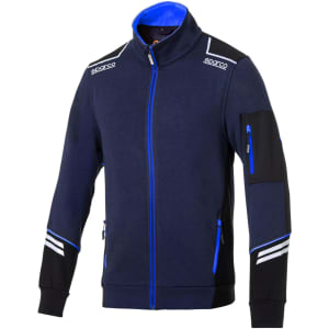 A navy and black full zip tech jacket featuring blue accents and a pocket on the sleeve. It has branding on the collar.