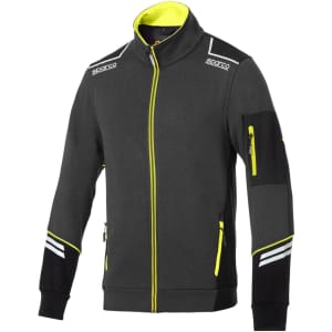 A grey full zip tech jacket with yellow accents and a branded logo on the collar. Features zippered pockets.