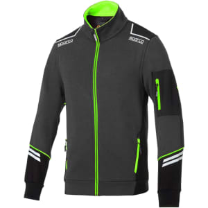 A grey full zip tech jacket with neon green accents and a zippered arm pocket, featuring a logo.