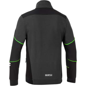 A full zip tech jacket in black and grey, featuring green accents and a logo on the lower side.