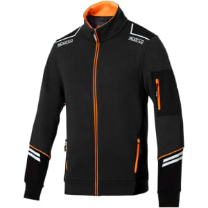 A full zip tech jacket in black with orange and reflective detailing, featuring a zip pocket on the sleeve and branding.