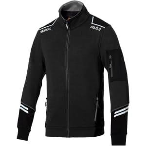 A black full zip tech jacket featuring reflective details and a zippered pocket on the arm. It has a logo on the collar.