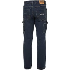 Denim jeans in a dark blue colour with utility pockets and a branded logo on the back.