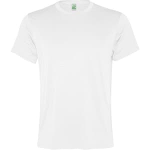 A plain white T-shirt featuring a crew neck and short sleeves. It has a branding logo on the tag.