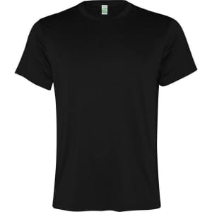 A black t-shirt with short sleeves and a round neckline, featuring a logo on the label.